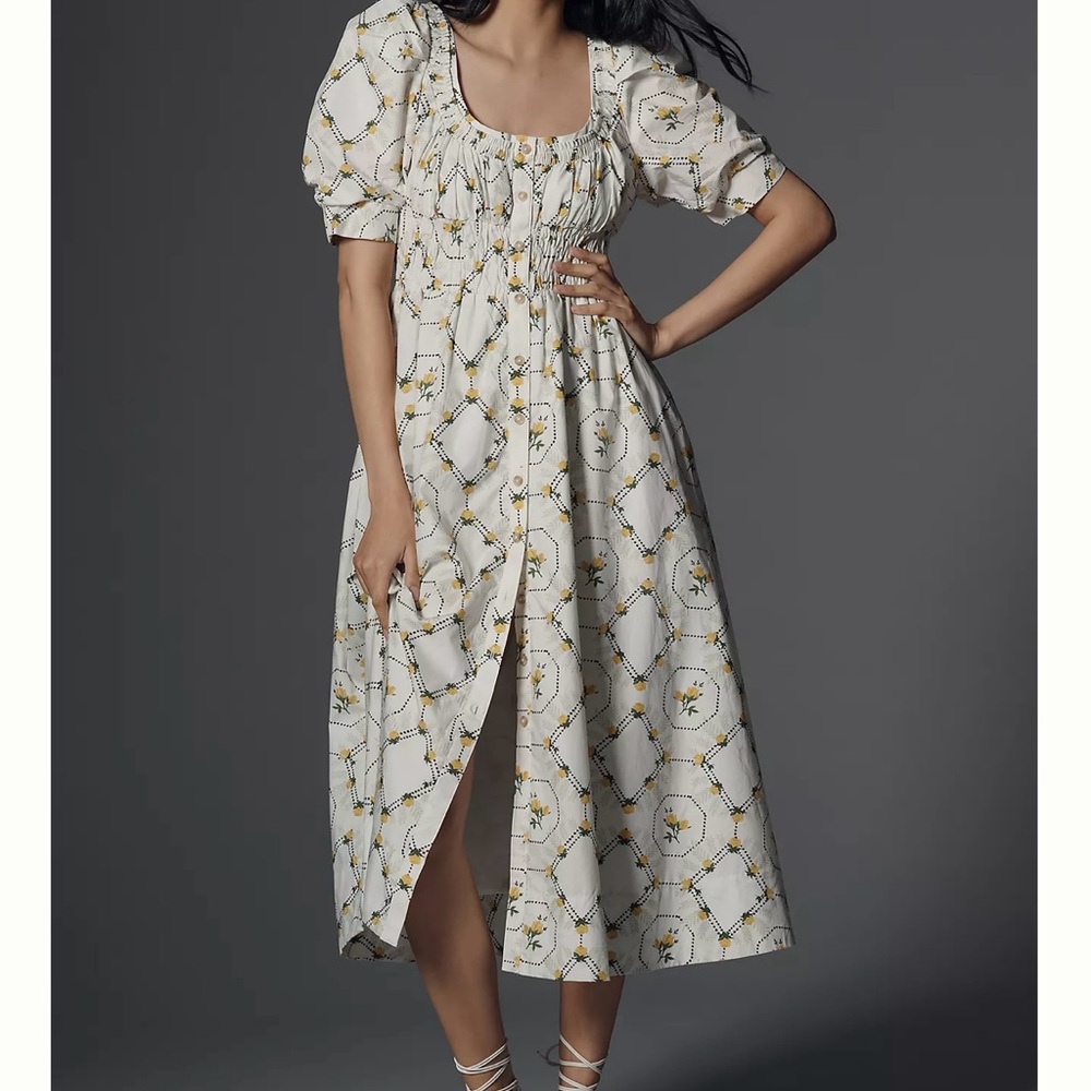 Anthropologie White and Yellow Floral Midi Dress